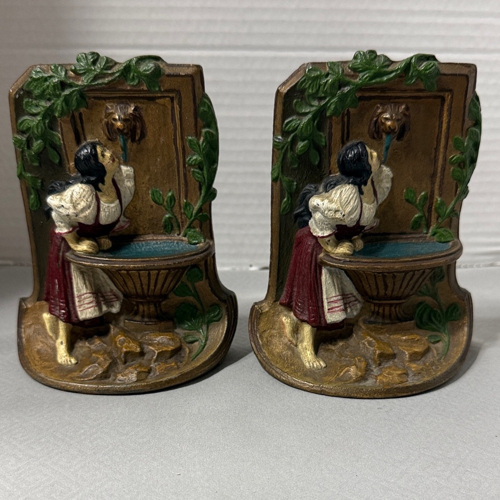 Vintage Maiden at the Fountain Cast Iron Bookends Art Nouveau Style 1930s 3D Art